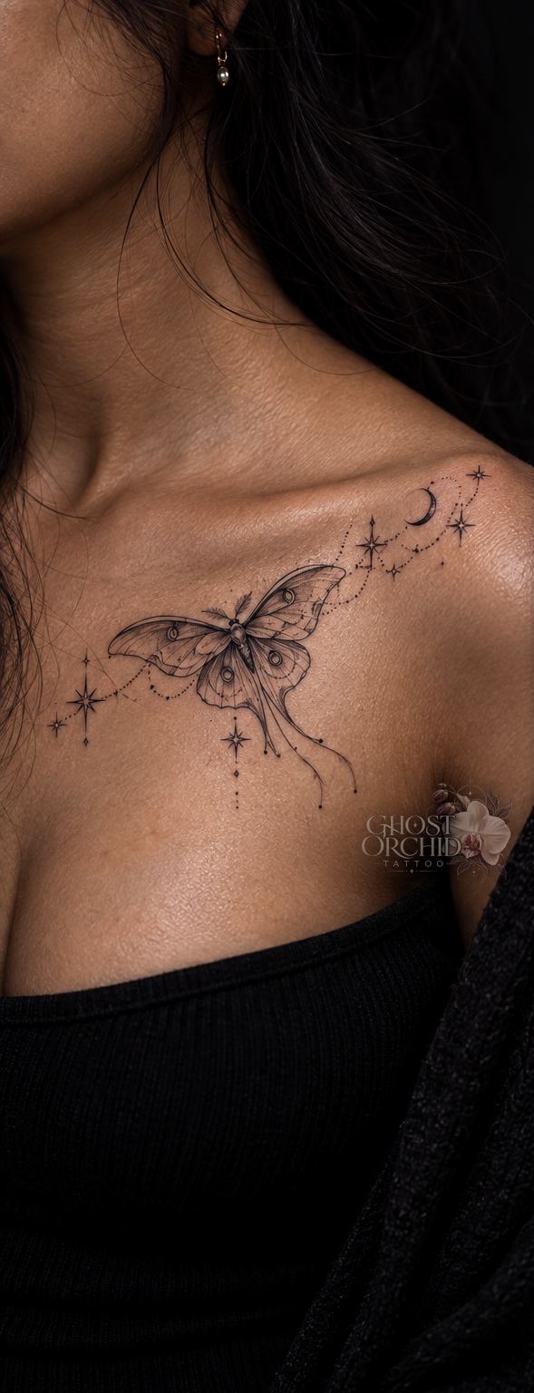 Fine line luna moth tattoo across a collarbone, with a crescent moon, stars and delicate dotted trails